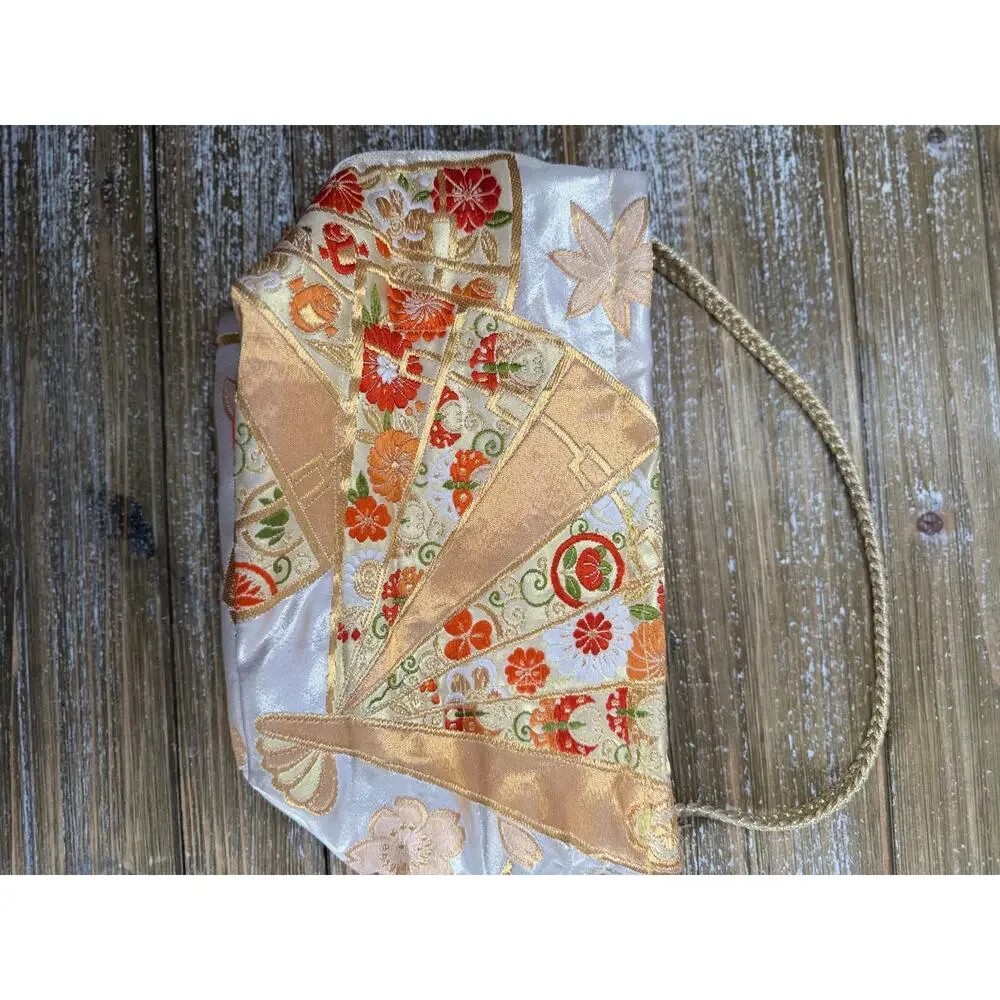 Vintage Japanese Silk Obi Clutch Bag Gold Floral Kawaii Coquette Aesthetic Purse - Picture 3 of 10